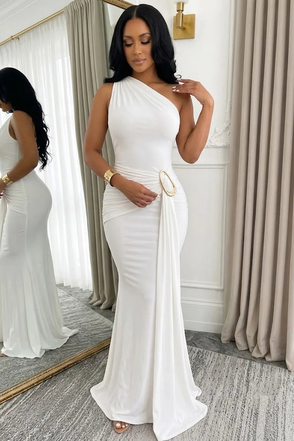 Metal Decor Long Sash Backless One Shoulder Slim Fit Gowns Maxi Dresses-White