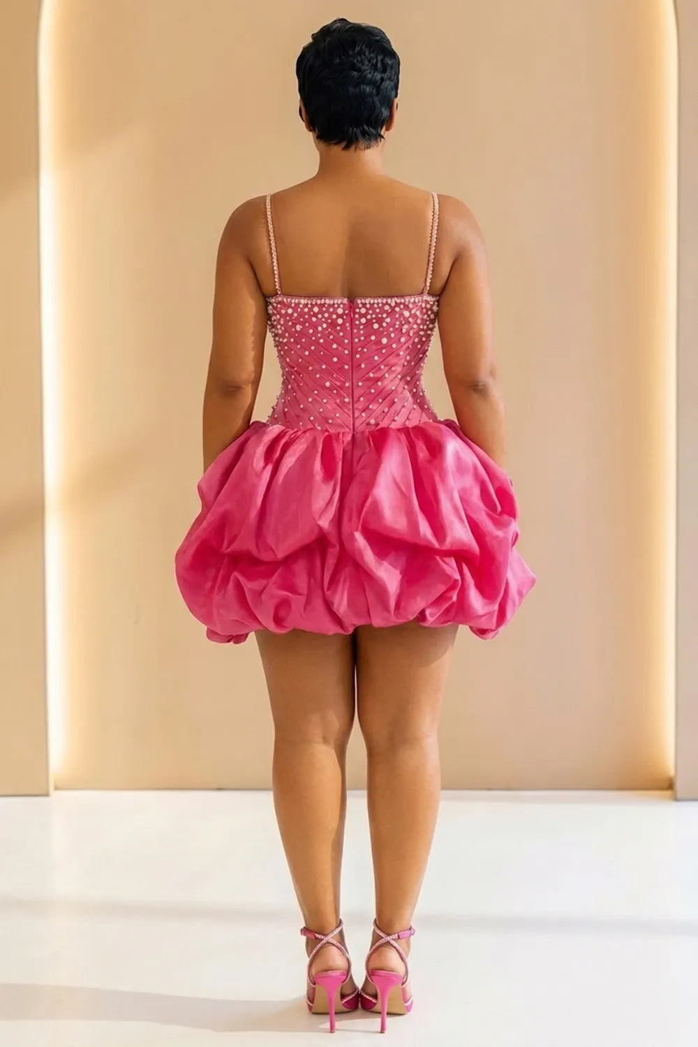 Cami Neck Rhinestone Bubble Hem Party Mini Dresses-Fuchsia
