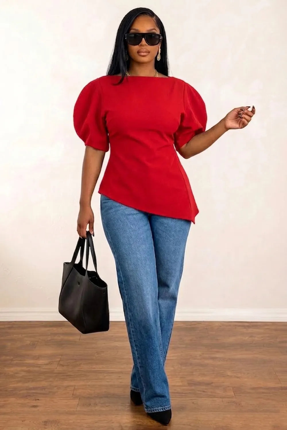 Solid Color Round Neck Bubble Sleeve Cinch Waist Irregular Hem Top-Black