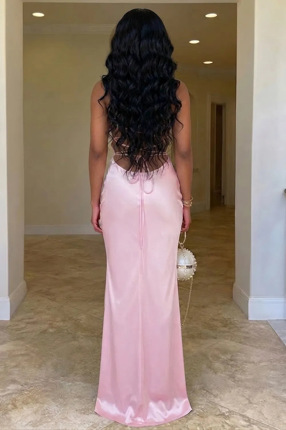 Halter Neck Sequin Backless Lace-Up Bodycon Evening Gowns Maxi Dresses-Pink