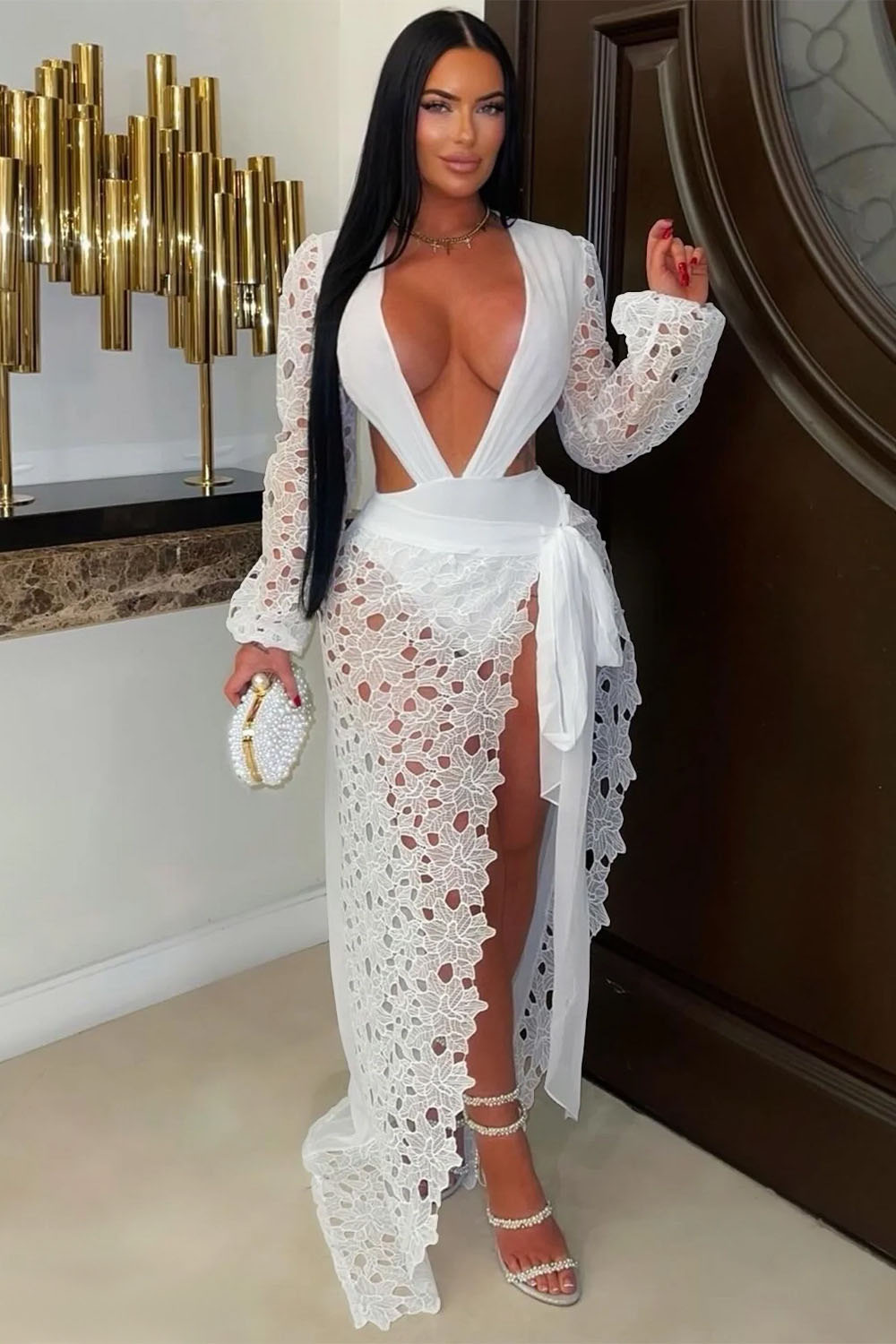Guipure Lace Cutout Deep V Neck Bodysuit Maxi Skirt Vacation 2pcs Set-White