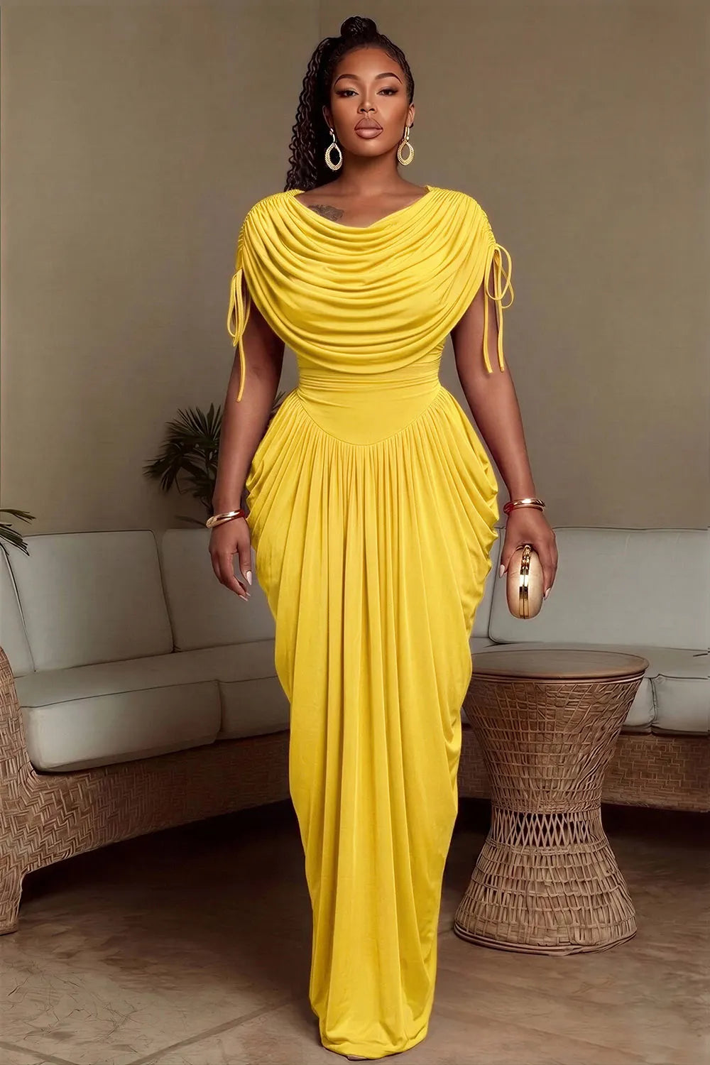 Draped Cowl Neck Side Drawstring Ruched Gowns Maxi Dresses-Yellow