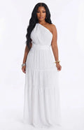 Oblique Collar Solid Color Elastic Waist Tiered Vacation Maxi Dresses-White