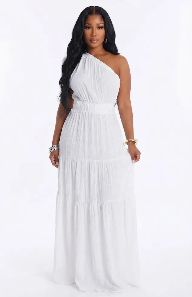 Oblique Collar Solid Color Elastic Waist Tiered Vacation Maxi Dresses-White