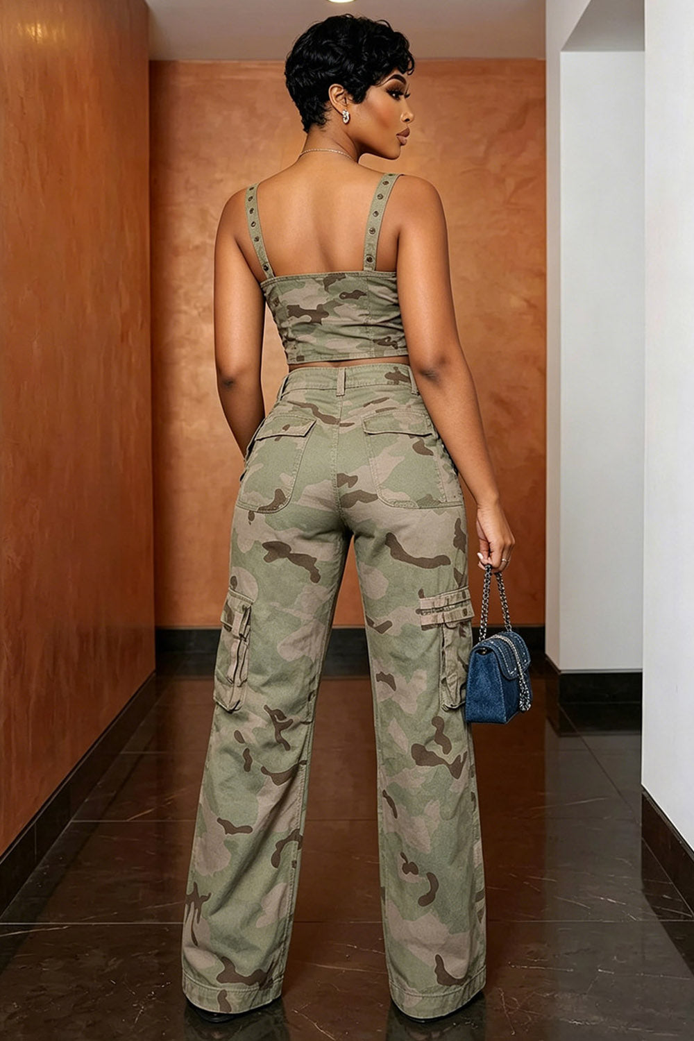 Camouflage Zipper Top High Waist Cargo Pant Casual 2pcs Set-Green