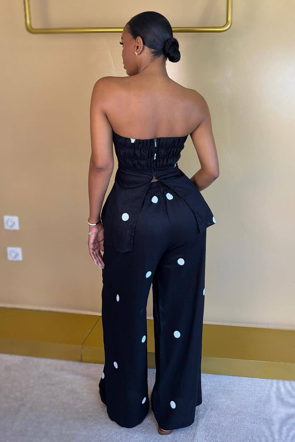 Polka Dot Strapless Back Zipper Slit Top Wide Leg Pants Casual 2pcs Set-White