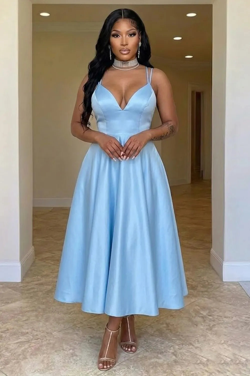 Spaghetti Strap Sweetheart Neck Cinch Waist A-Line Party Midi Dresses-White