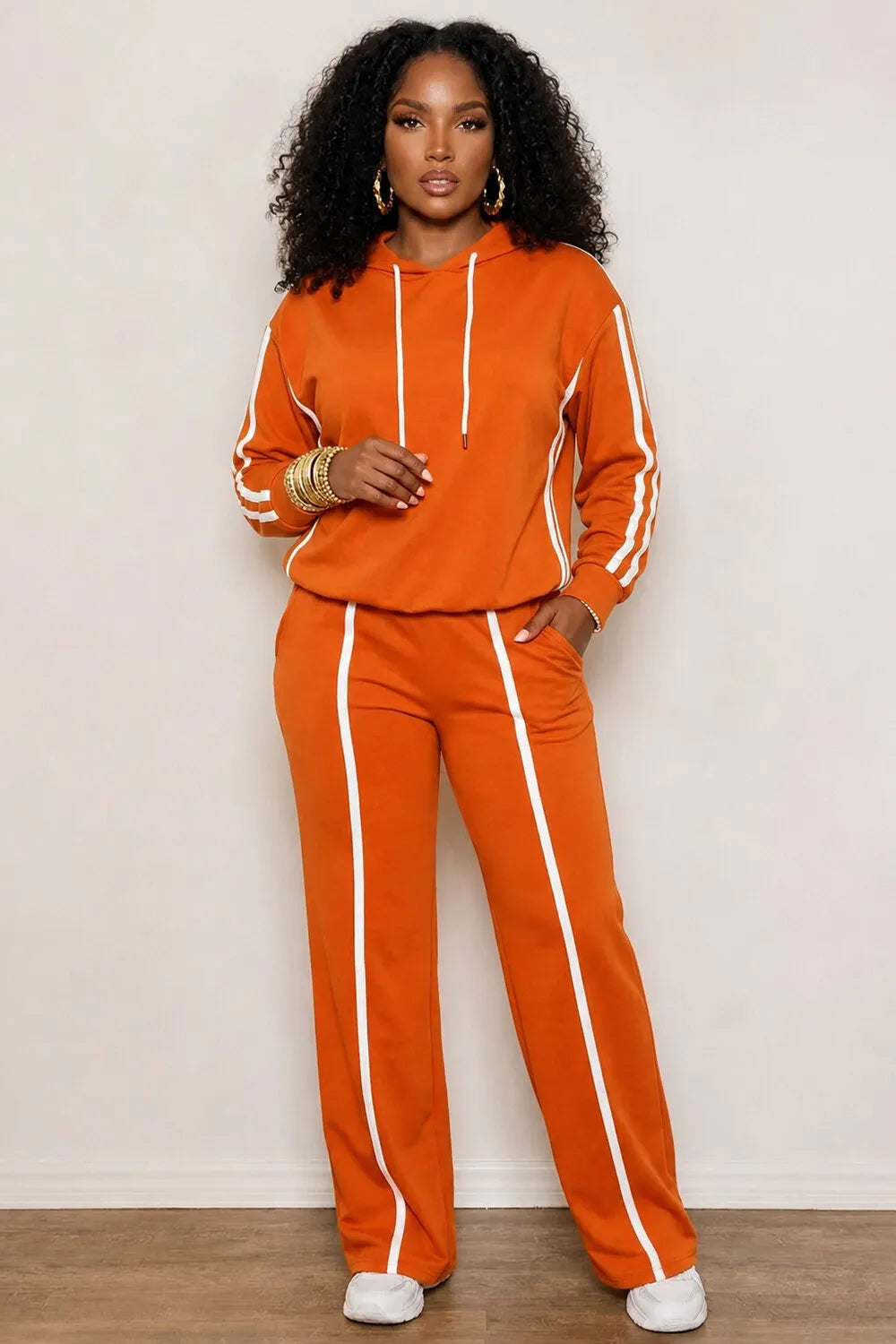 Contrast Piping Hoodies Straight Leg Pants Casual 2pcs Set-Orange [Pre Order]