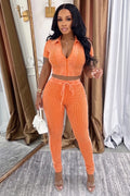 Polo Neck Zipper Top Drawstring Skinny Pants 2pcs Set-Orange