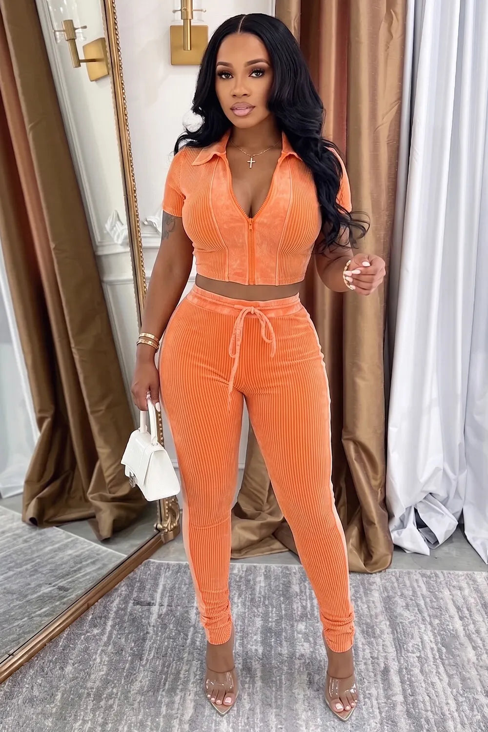 Polo Neck Zipper Top Drawstring Skinny Pants 2pcs Set-Orange