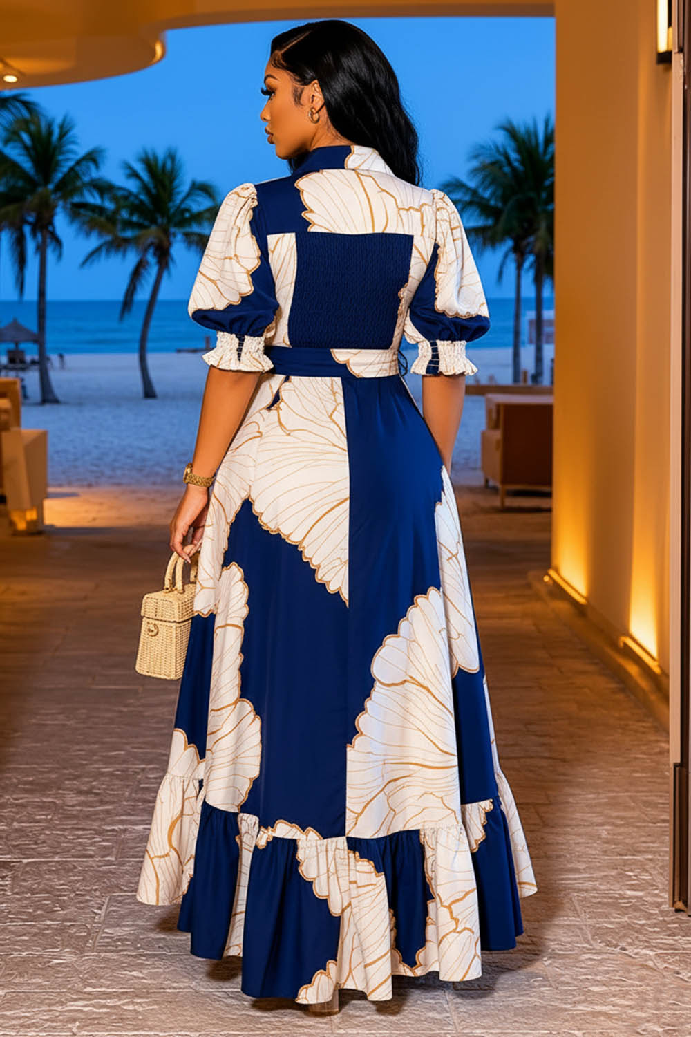 Collar Puff Sleeve Floral A-Line Casual Maxi Dresses