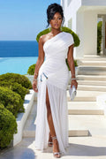 One Shoulder Ruched Slit Solid Color Gowns Maxi Dresses-White