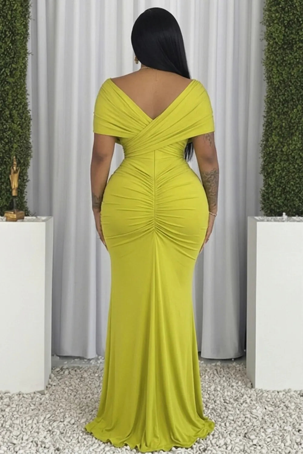 V Neck Knotted Ruched Slit Slim Fit Gowns Maxi Dresses-Green