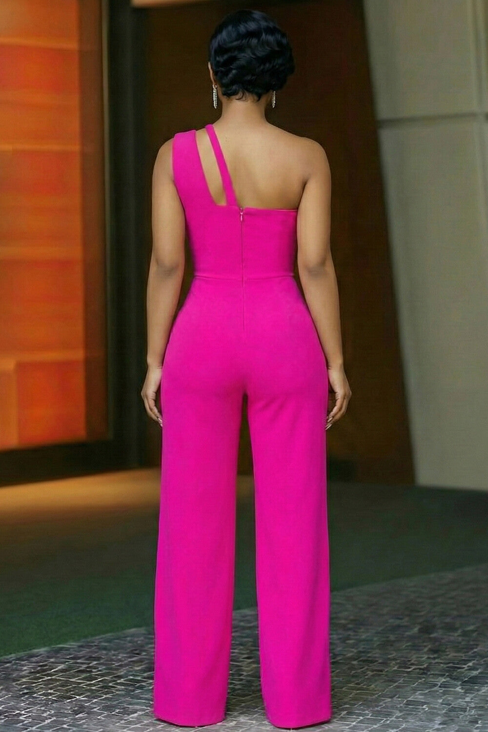 One Shoulder Solid Color Straight Leg Gowns Jumpsuit-Fuchsia