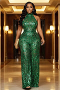 Halter Sequin Cinch Waist Backless Cocktail Party Jumpsuit-Green