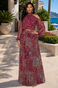 Paisley Print Cold Shoulder Blouse Chain Pleated Maxi Skirt 2pcs Set-Burgundy