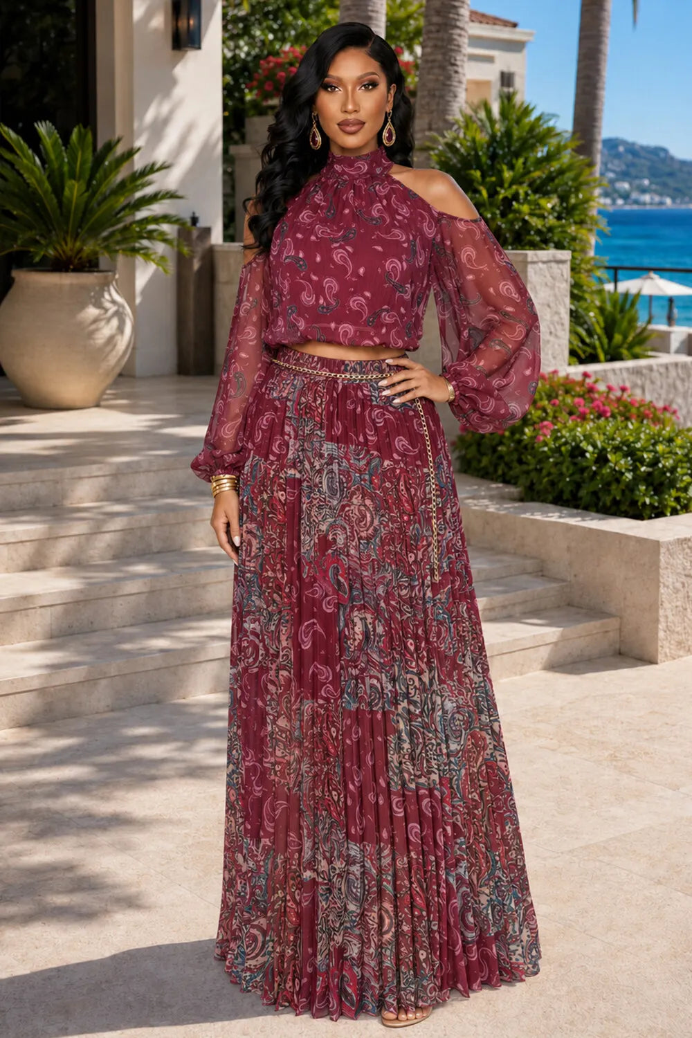 Paisley Print Cold Shoulder Blouse Chain Pleated Maxi Skirt 2pcs Set-Burgundy