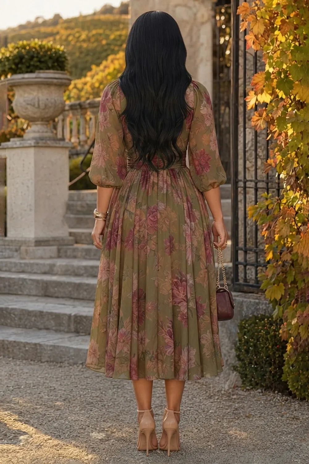 Square Neck 3/4 Sleeve Floral Cinch Waist Midi Dresses-Olive