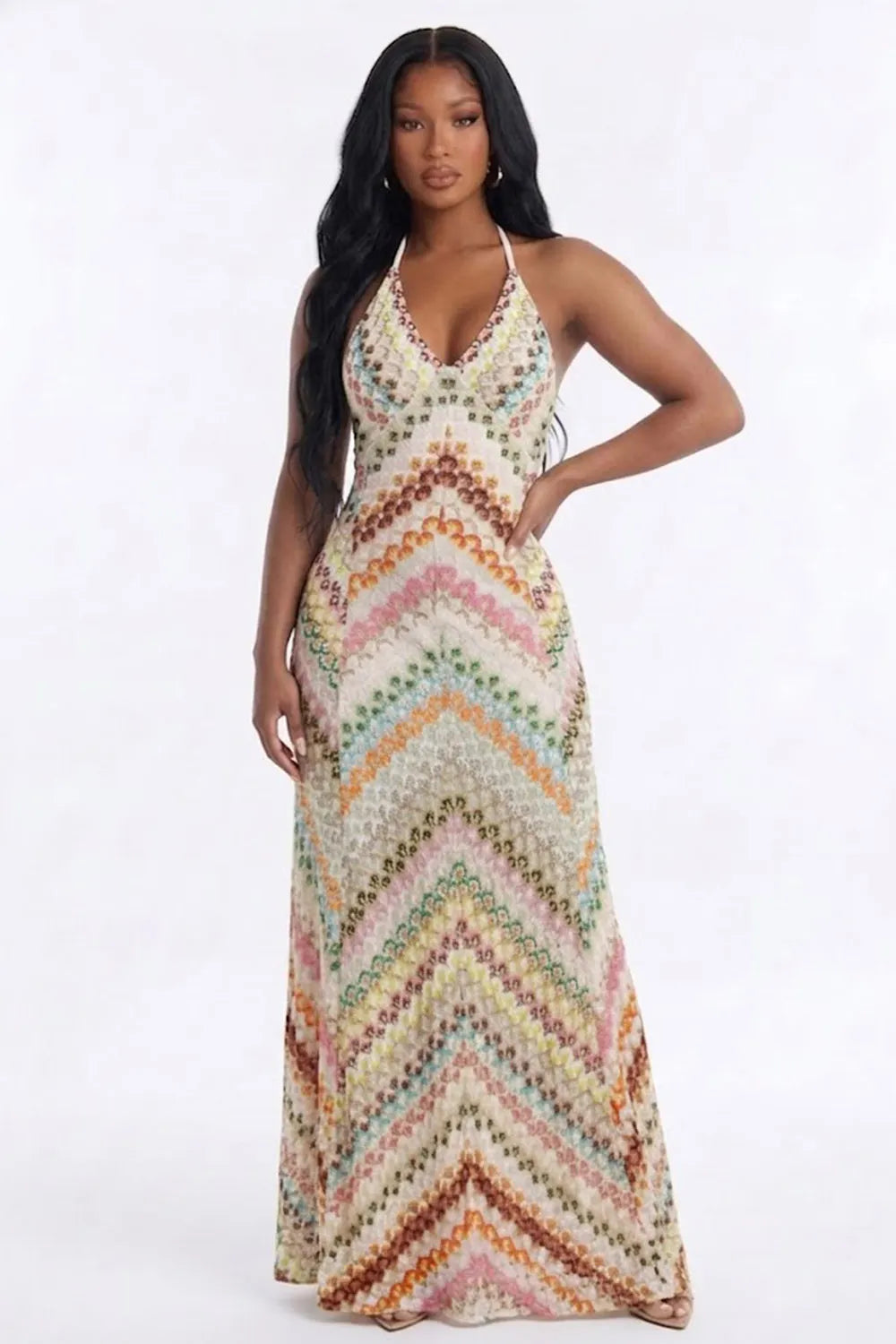 Colorblock Halter V Neck Hollow Out Knit Backless Party Maxi Dresses-Pink
