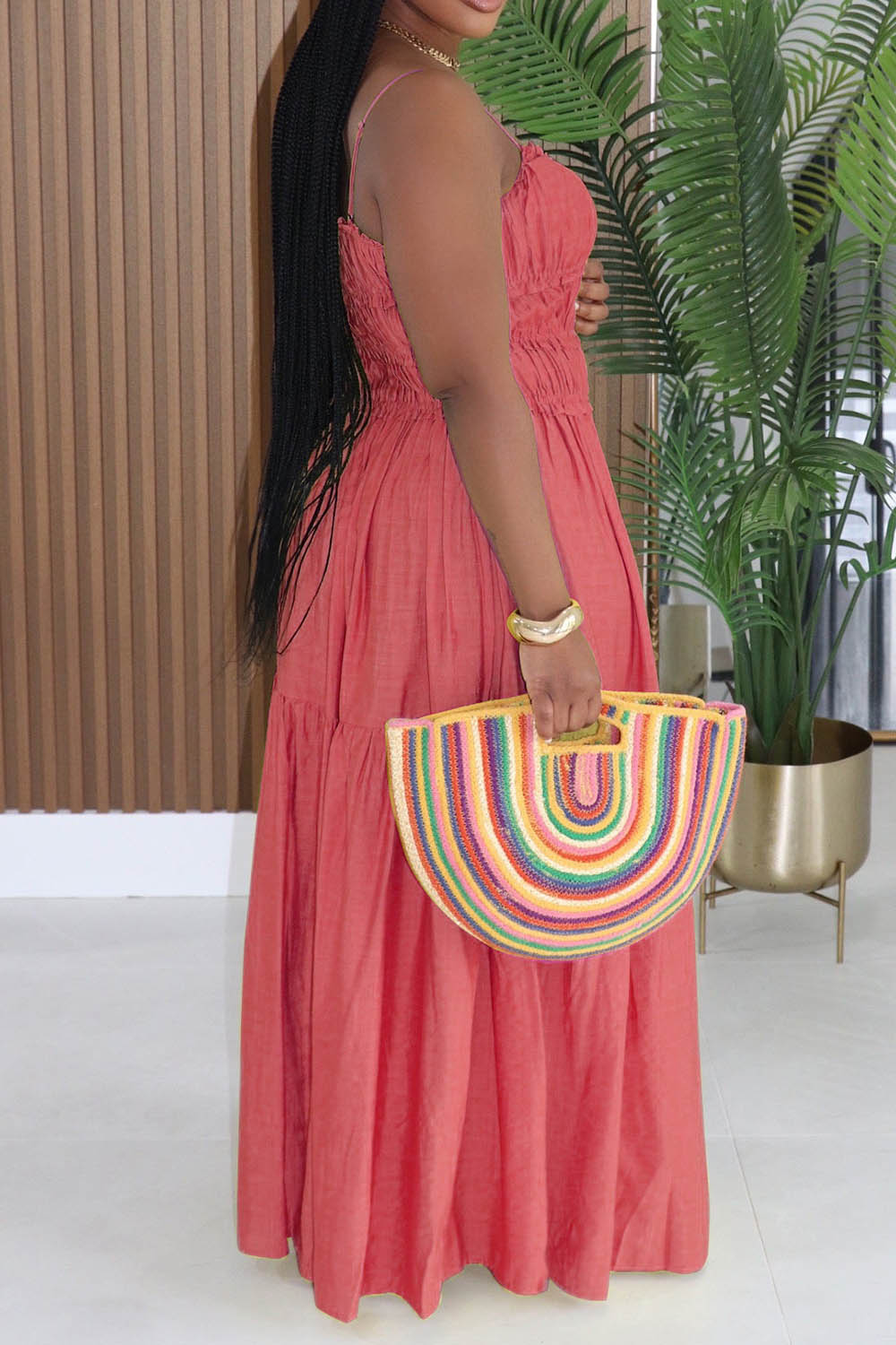 Spaghetti Strap Ruched Solid Color A-Line Vacation Maxi Dresses-Yellow