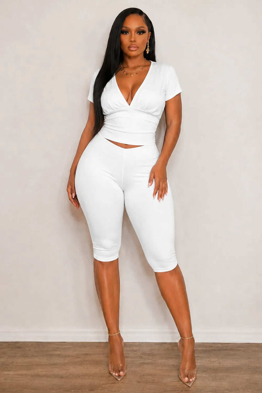 Solid Color V Neck Short Sleeve Top Capri Pants 2pcs Set-Yellow