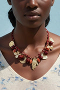 Vintage Woven Rope Red Seed Bead Moon Floral Metal Pendant Necklace