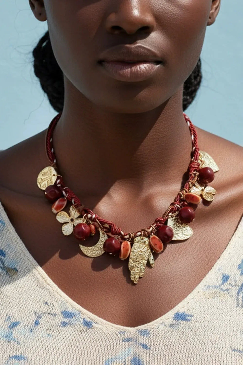 Vintage Woven Rope Red Seed Bead Moon Floral Metal Pendant Necklace