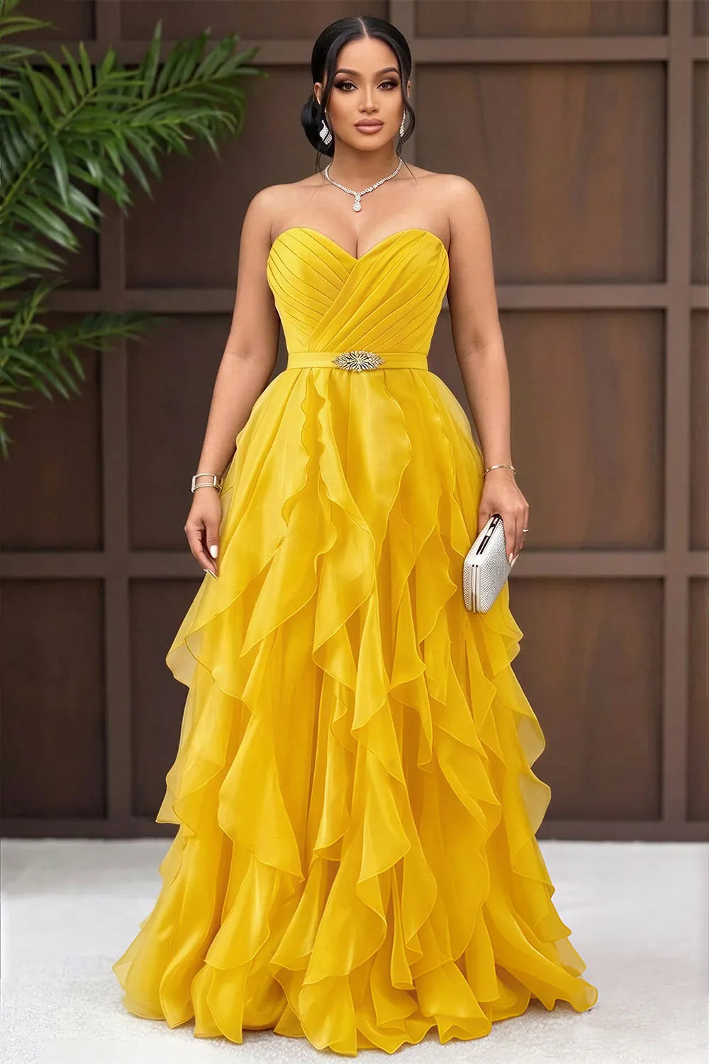 Strapless Metal Buckle Tiered Ruffle Hem Maxi Dresses-Yellow