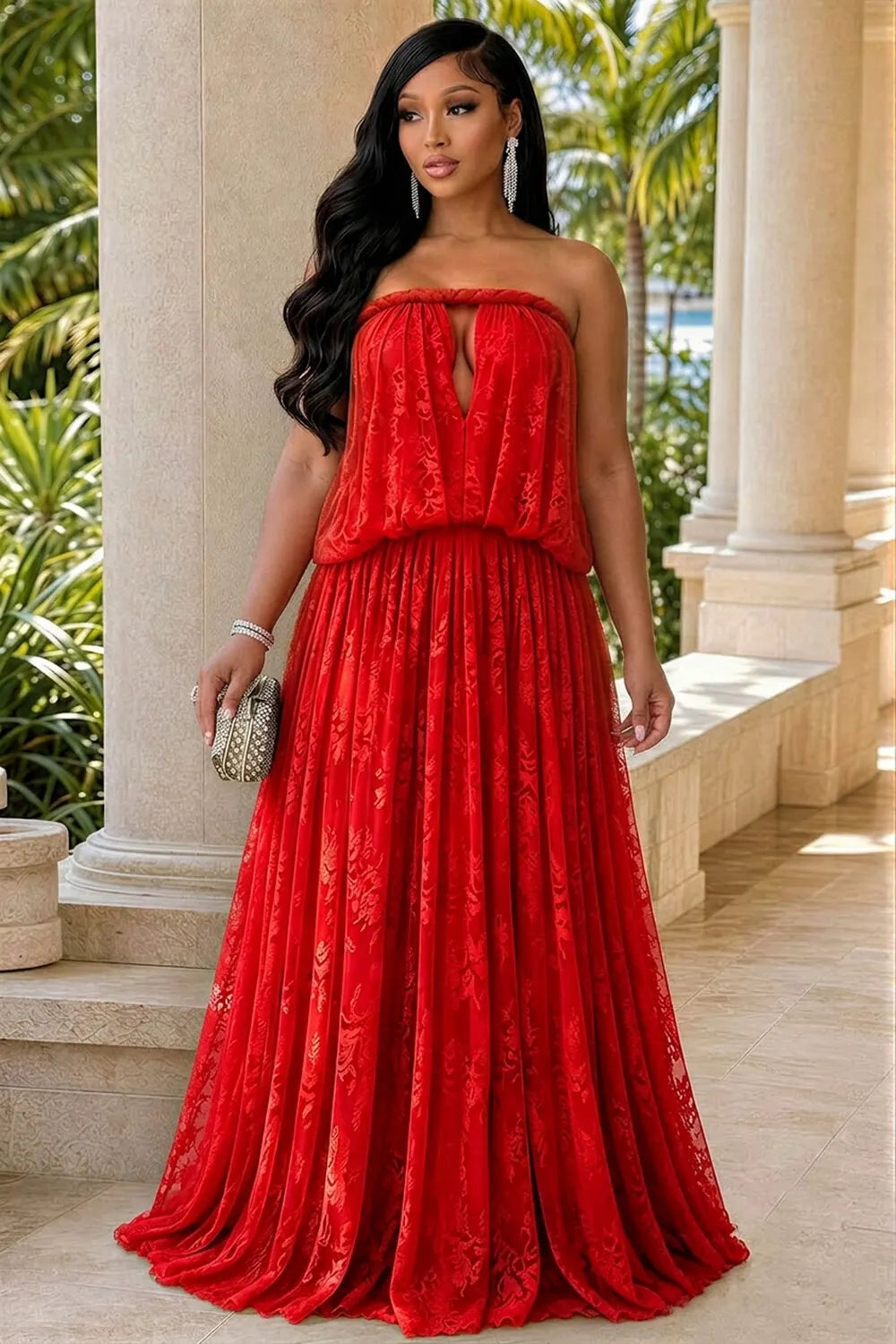 Strapless Cut Out Lace Ruffle Hem Loose Fit Maxi Dresses-Red