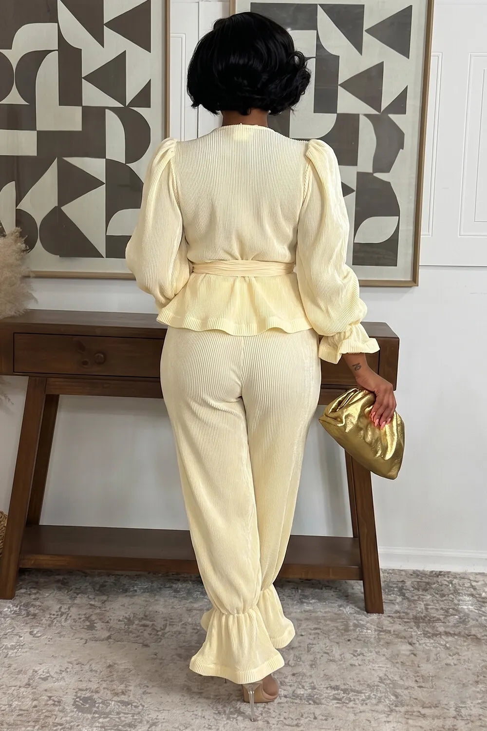 Ribbed V Neck Flare Sleeve Top Wide Leg Pants 2pcs Set-Yellow