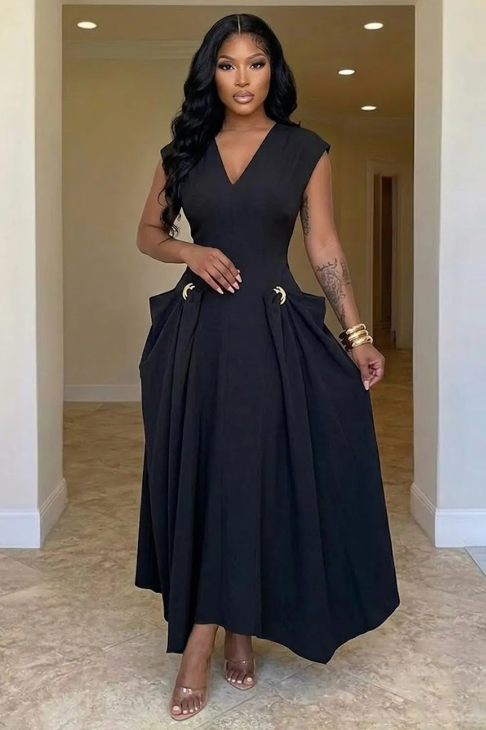 V Neck Cap Sleeve Metal Ring Decor Irregular Hem Plain Maxi Dresses-Brown