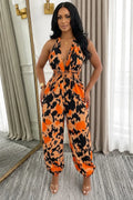 Halter Neck All Over Print Cinch Waist Loose Fit Vacation Jumpsuit