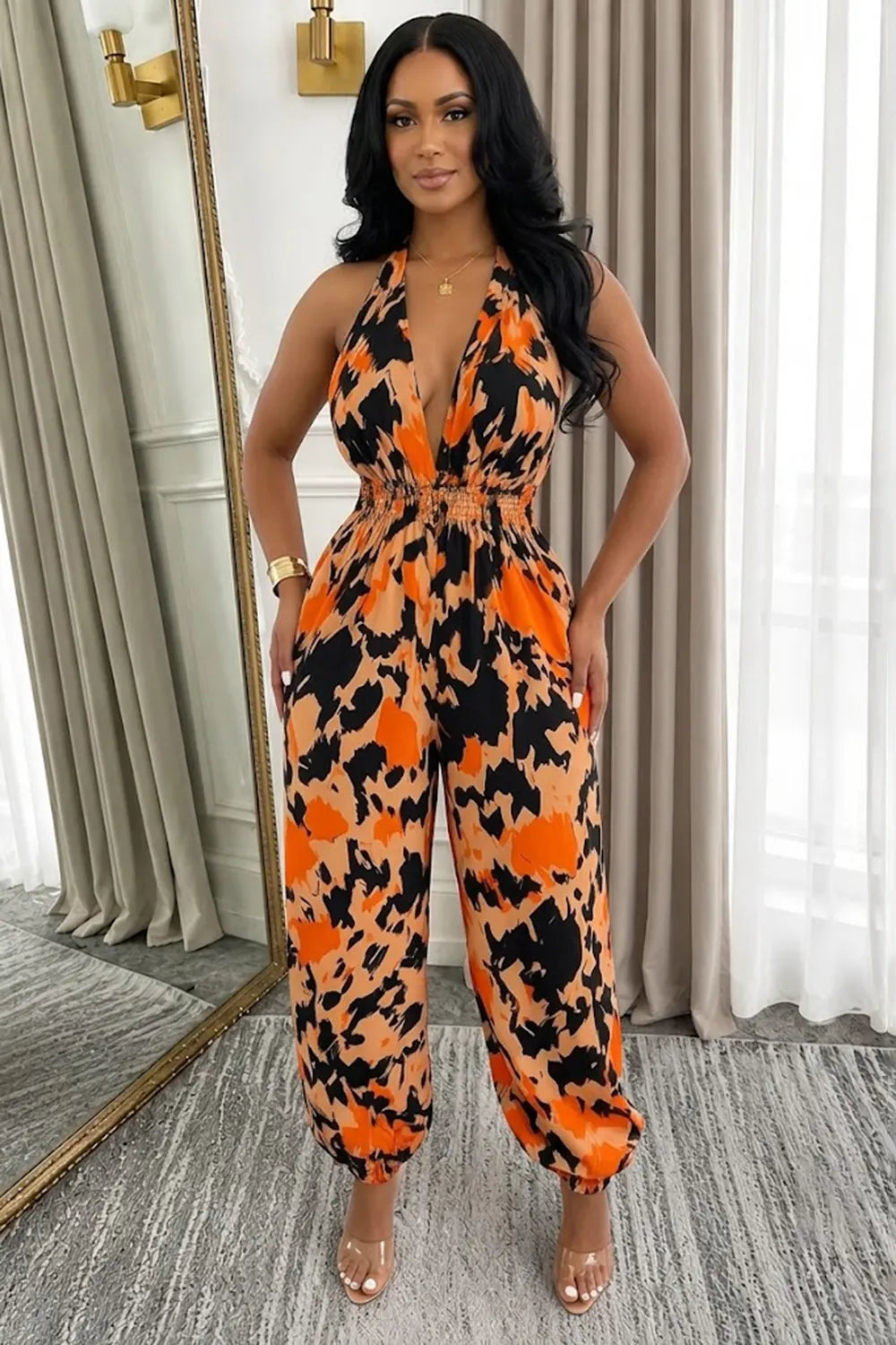 Halter Neck All Over Print Cinch Waist Loose Fit Vacation Jumpsuit