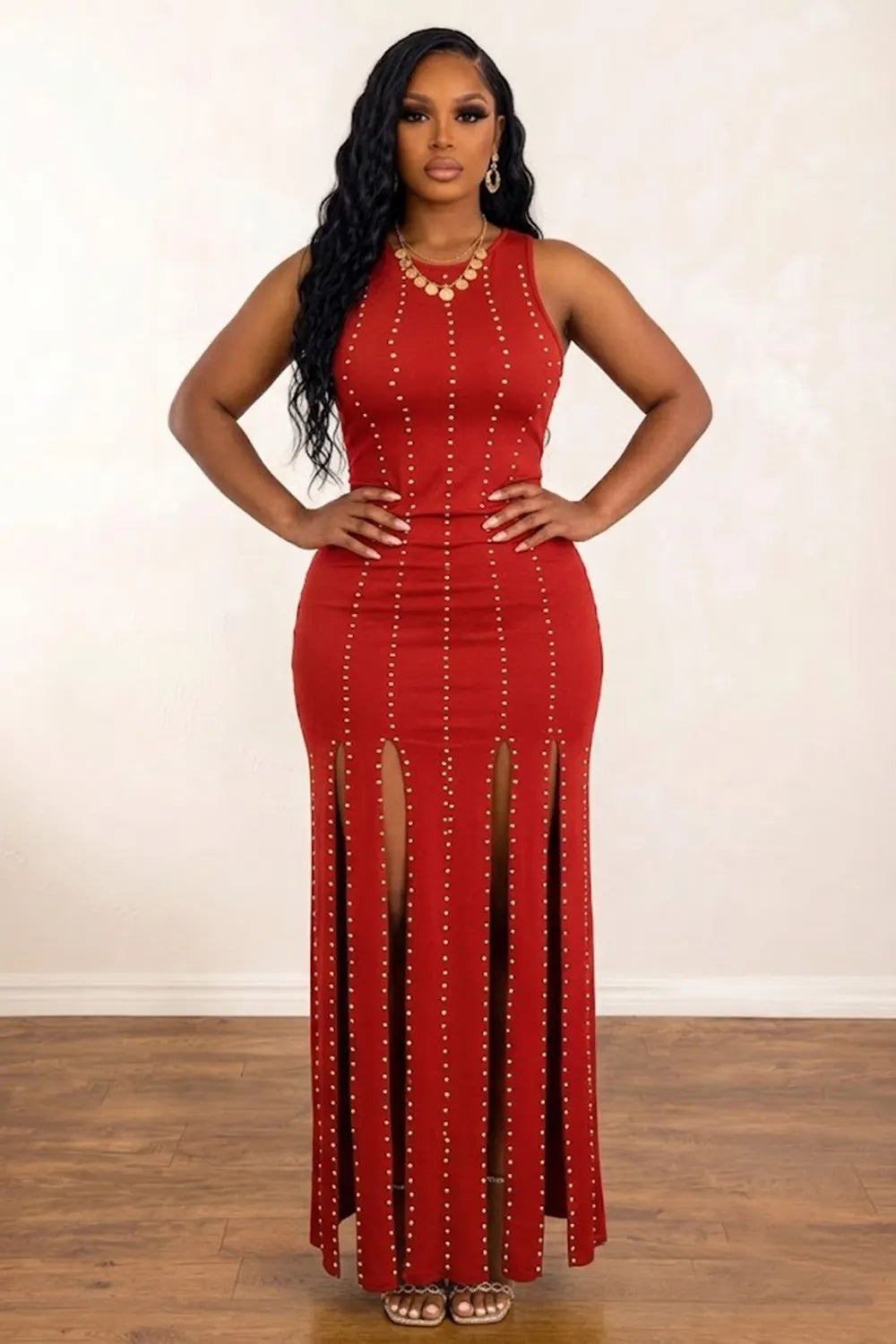 Round Neck Sleeveless Studded Multi Front Slit Party Maxi Dresses-Black