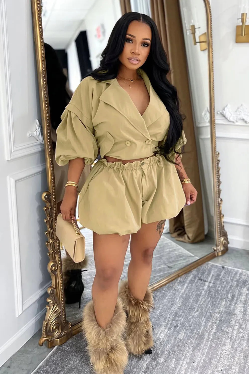 Elastic Cuff Notch Lapel Double-Breasted Crop Jacket Shorts 2pcs Set-Khaki