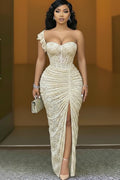 One Shoulder Cinch Waist Ruched High Slit Lace Maxi Dresses-Beige