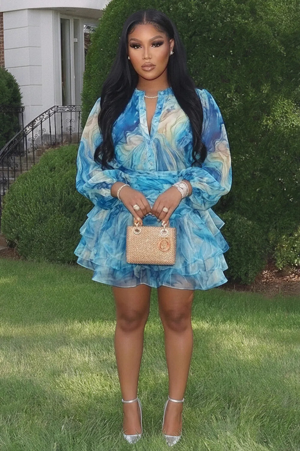 All Over Print V Neck Long Sleeve Ruffle Hem Mini Dresses-Blue