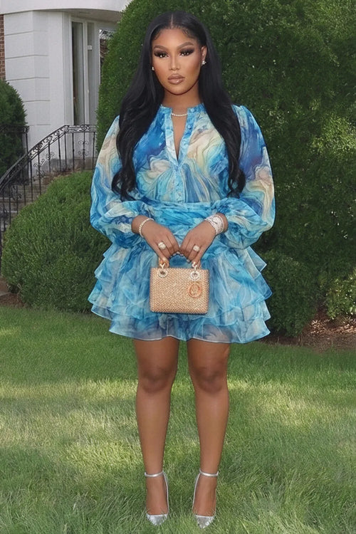 All Over Print V Neck Long Sleeve Ruffle Hem Mini Dresses-Blue