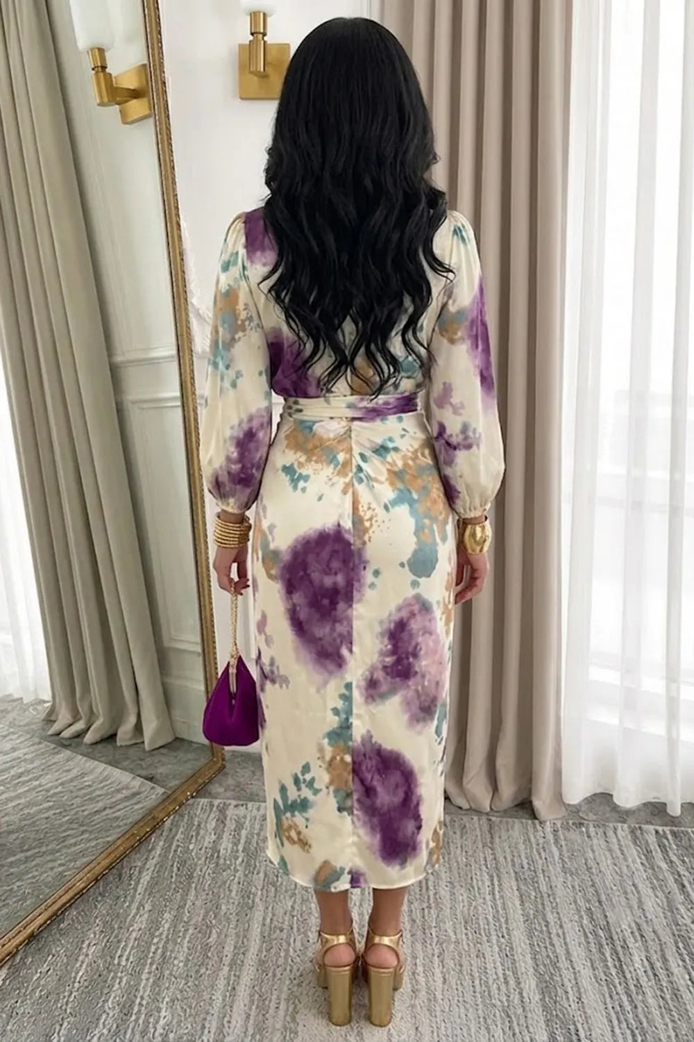 Abstract Print Lantern Sleeve Top Slit Midi Skirt 2pcs Set