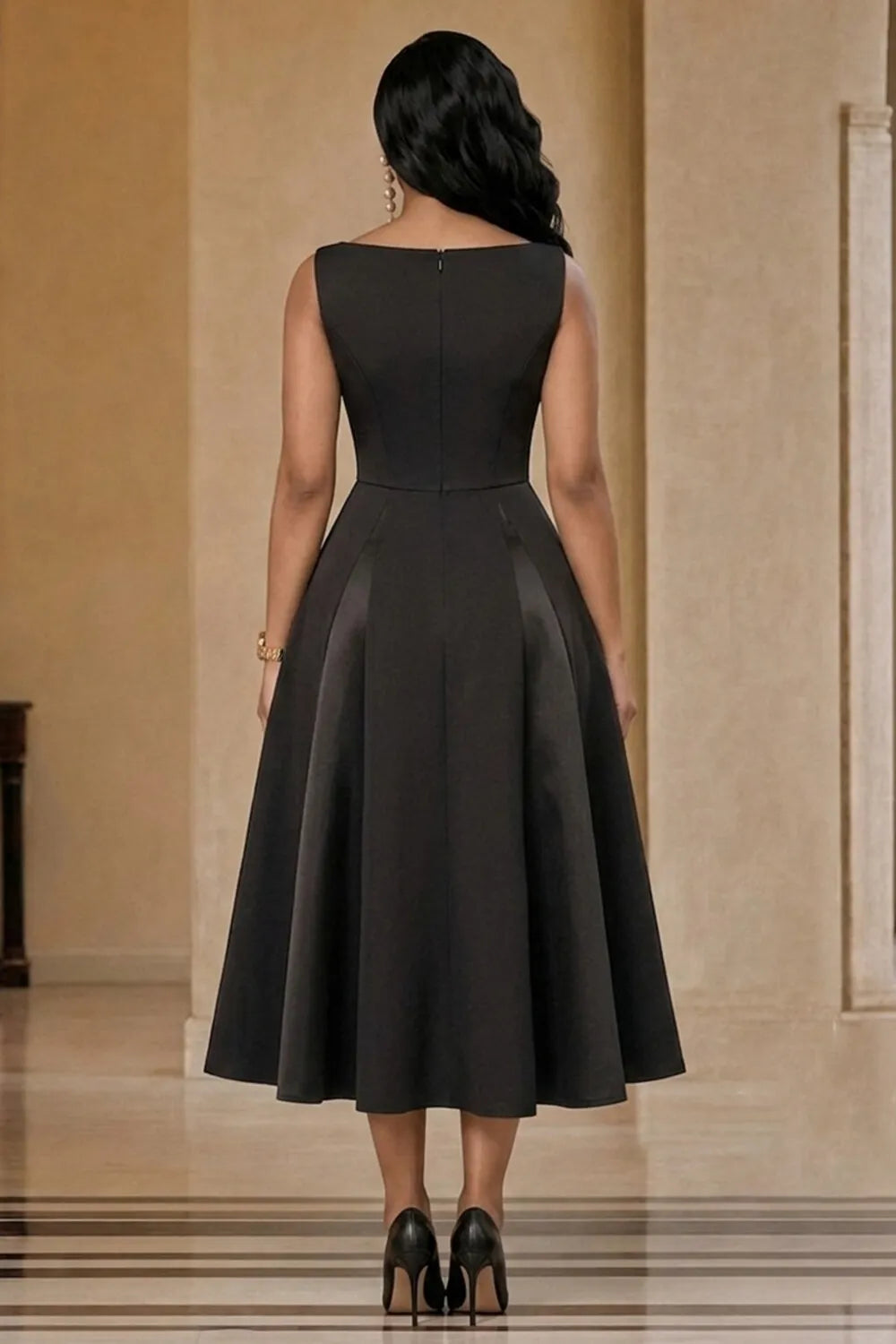 Solid Color Boat Neck Sleeveless Cinch Waist Midi Dresses-Black