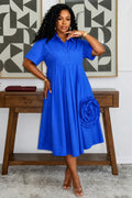 Collar 3D Flower Decor Solid Color A-Line Casual Midi Dresses-Blue