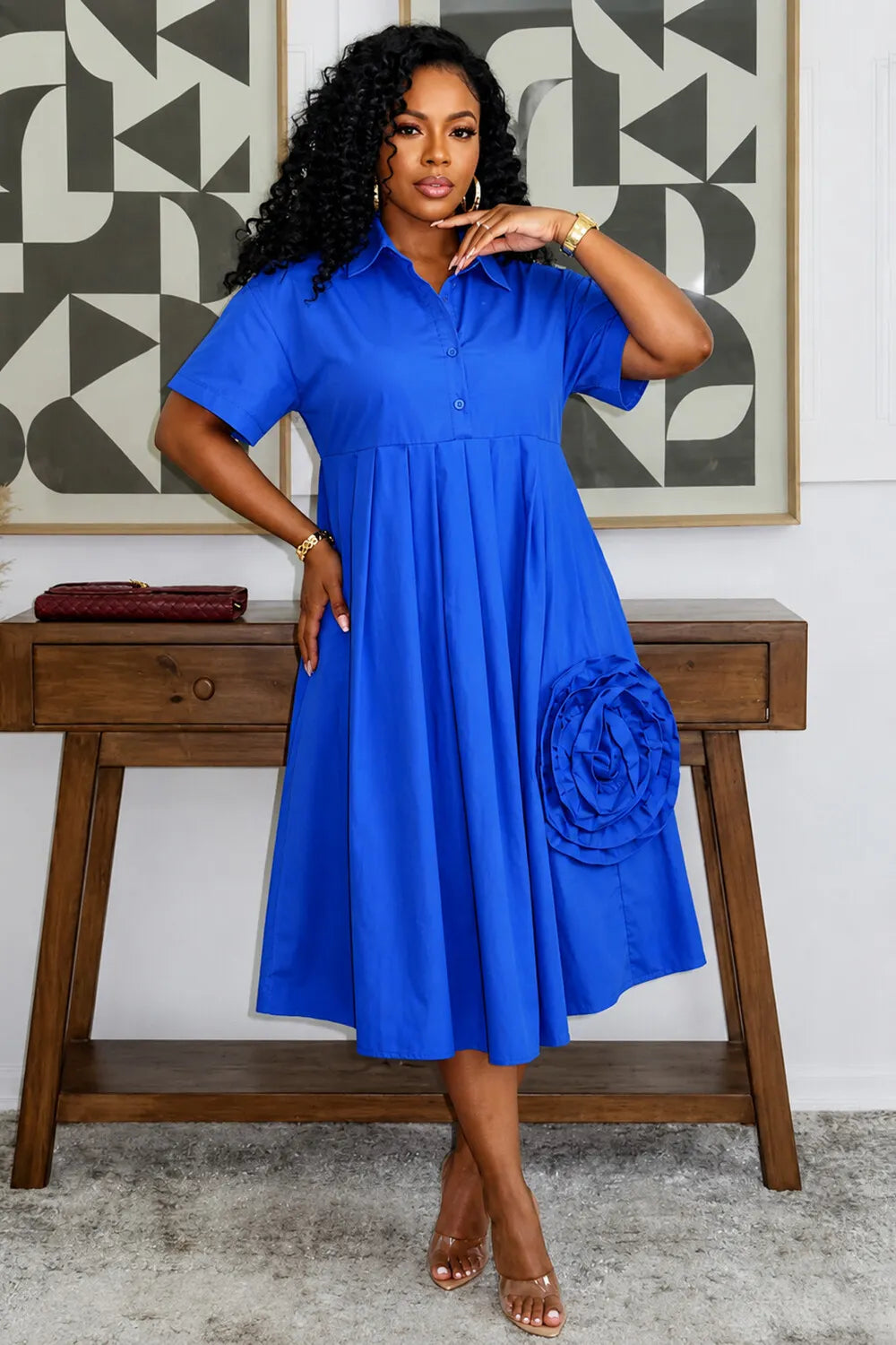 Collar 3D Flower Decor Solid Color A-Line Casual Midi Dresses-Blue