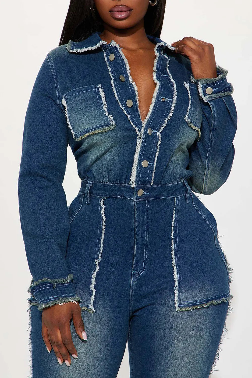 Collar Raw Trim Long Sleeve Multi-Pocket Denim Jumpsuit-Blue