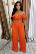 Off Shoulder Ruffle Top Wide Leg Pants Casual 2pcs Set-Orange