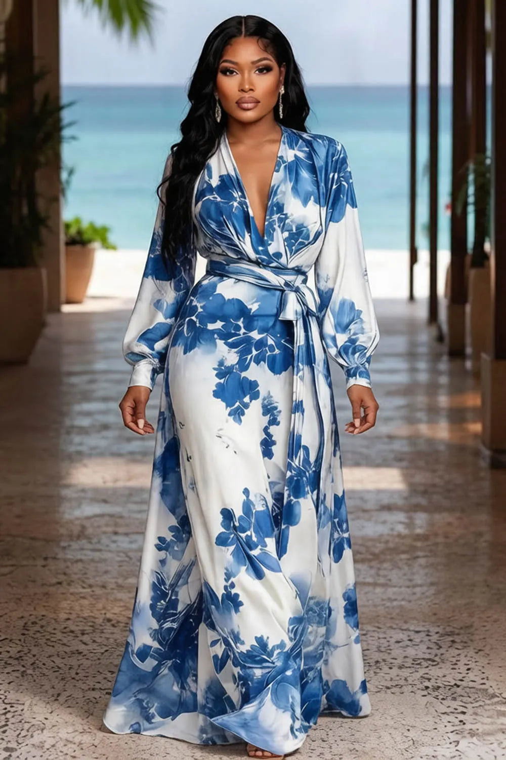 Floral Print Long Sleeve Sash Belted Wrapped Vacation Maxi Dresses-Fuchsia