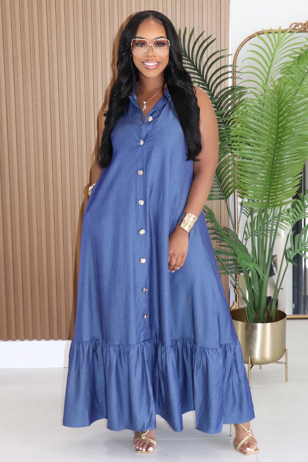 Collar Ruffle Loose Fit Casual Maxi Dresses-Blue