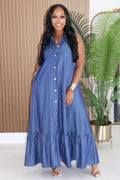 Collar Ruffle Loose Fit Casual Maxi Dresses-Blue