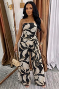 Leaf Print Strapless Side Tie Casual Linen Jumpsuit-Multicolor