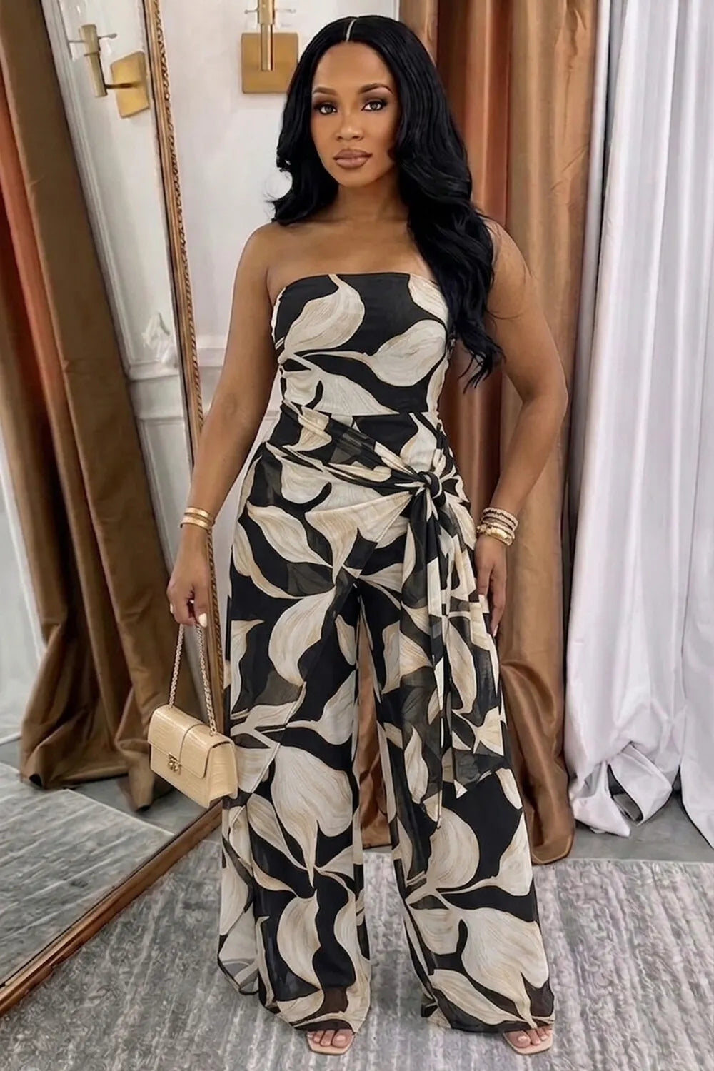 Leaf Print Strapless Side Tie Casual Linen Jumpsuit