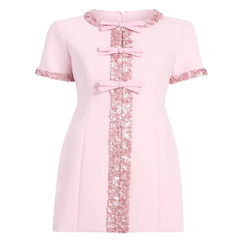 Pink Sequined Bow Decor Short Sleeve Mini Sheath Dress